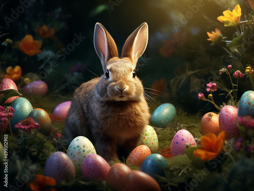 Easter bunny with easter eggs (generative ai)
