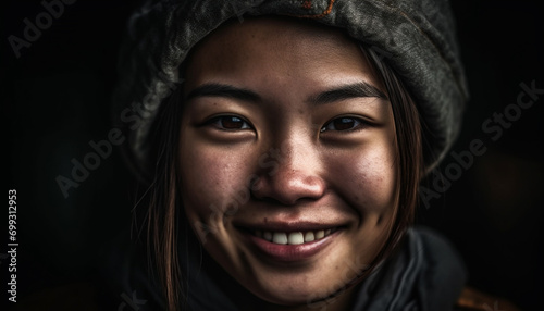 Smiling young woman, looking at camera, exuding beauty and happiness generated by AI