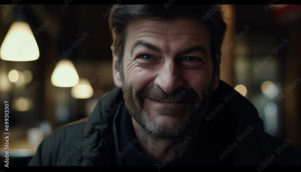 Smiling man, confident and happy, looking at camera outdoors at night generated by AI Smiling man, confident and happy, looking at camera outdoors at night generated by AI