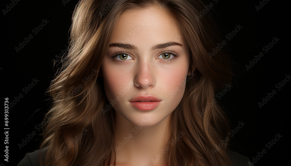 Young adult woman with long brown hair, looking at camera generated by AI