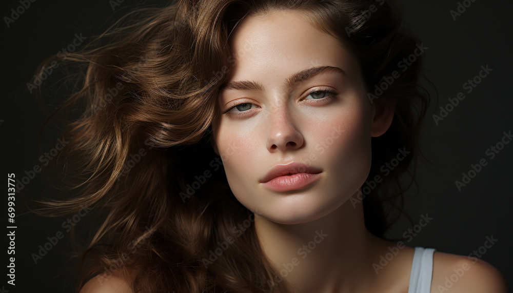 Naklejka premium Beautiful Caucasian woman with brown curly hair, looking at camera generated by AI