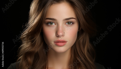 Young adult woman with long brown hair, looking at camera generated by AI