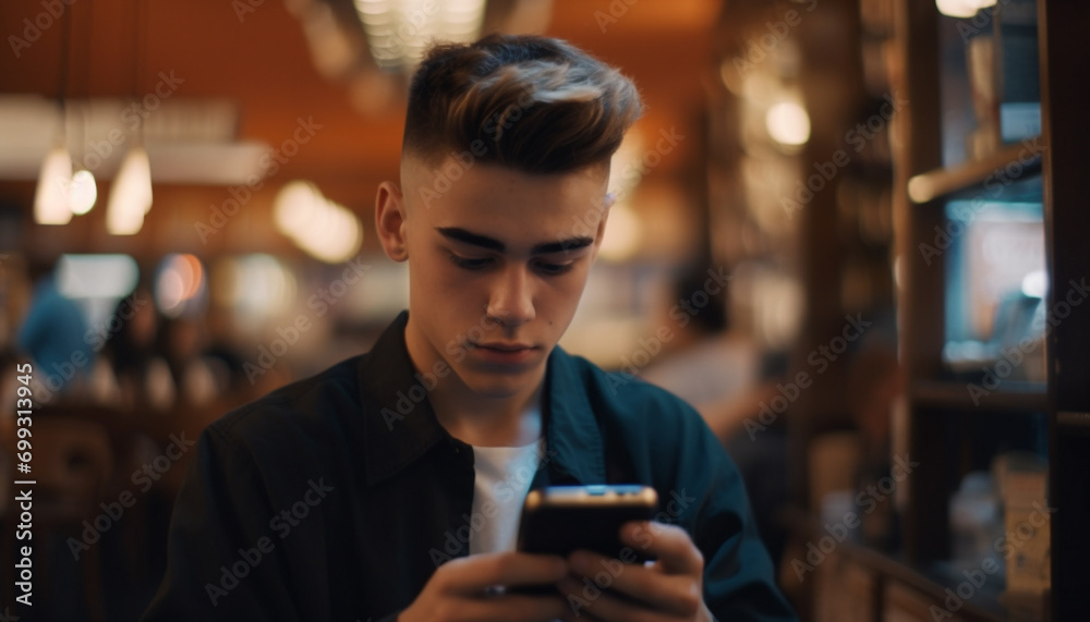 One young man sitting indoors, holding a smart phone, reading generated by AI