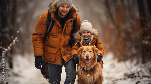 A father traveling with his child in the forest