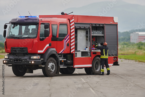 A firefighter meticulously prepares a modern firetruck for a mission to evacuate and respond to dangerous situations, showcasing the utmost dedication to safety and readiness in the face of a fire