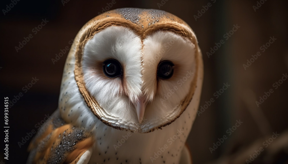 Fototapeta premium Beautiful owl perched on branch, staring with wise yellow eyes generated by AI