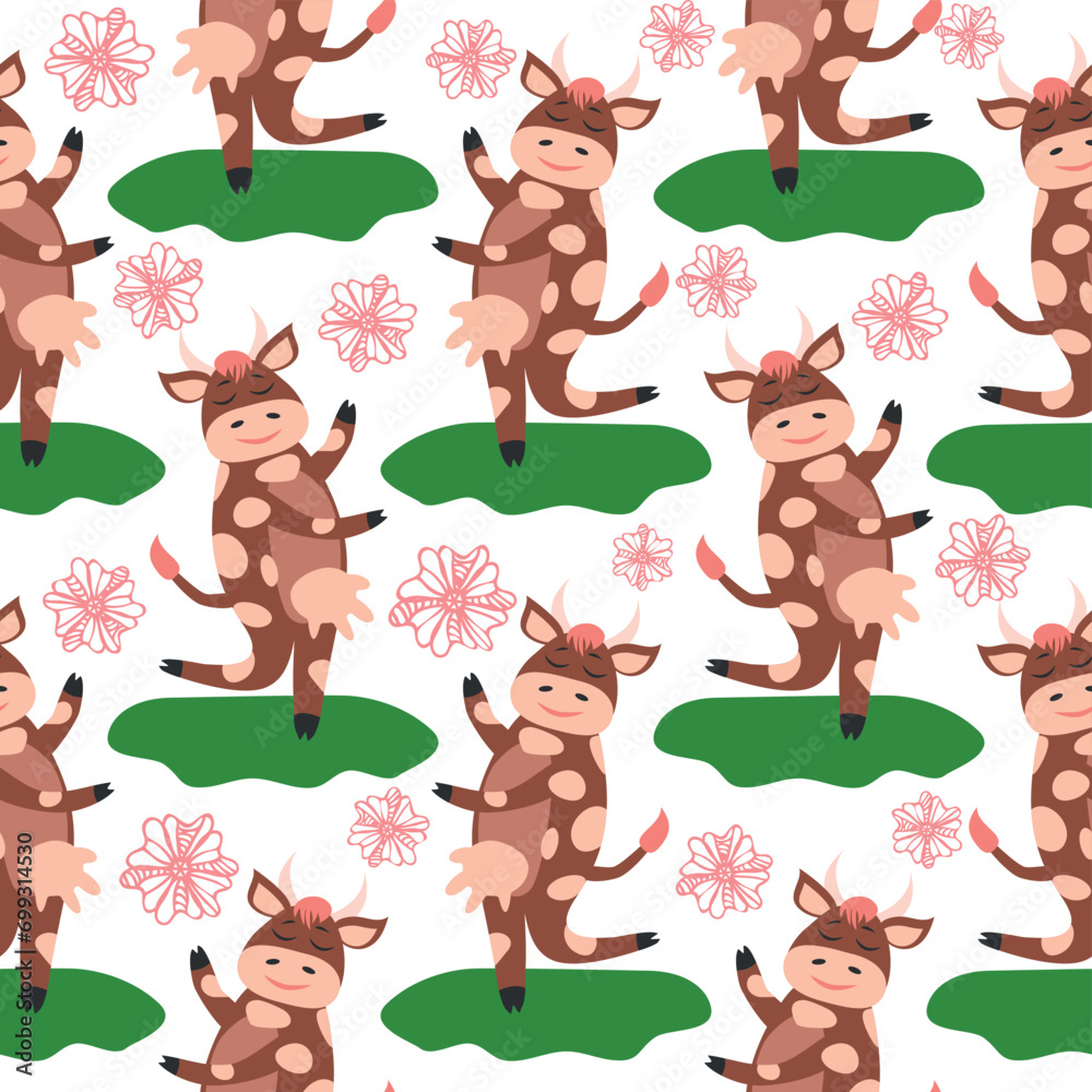 Obraz premium Dancing cow in the meadow cute seamless pattern, splashes of milk and the inscription Milk, Cow, Love. Flat