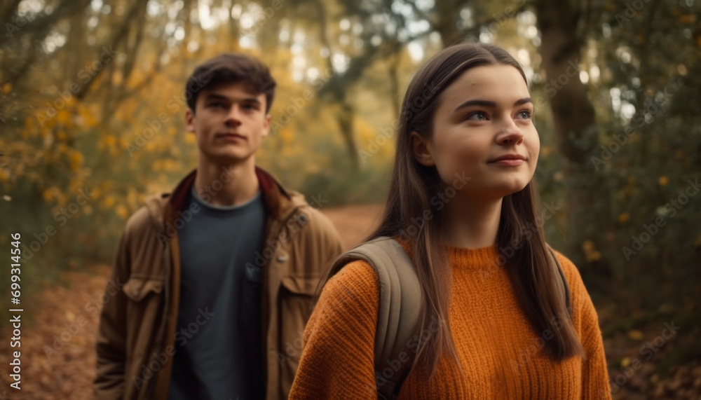 Young couple in autumn forest, smiling, enjoying nature and togetherness generated by AI Young couple in autumn forest, smiling, enjoying nature and togetherness generated by AI