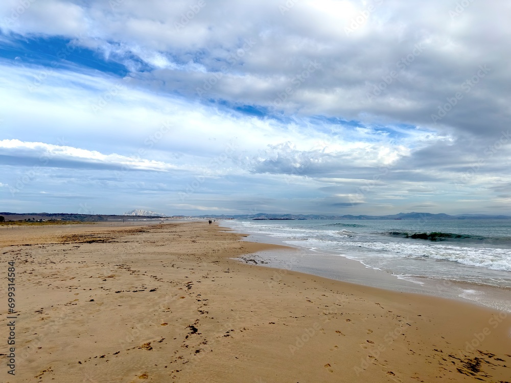 beach near Tarifa with a view towards Morocco at a stormy day, Playa de los Lances, Playa Santa Catalina, Andalusia, province of Cádiz, Spain