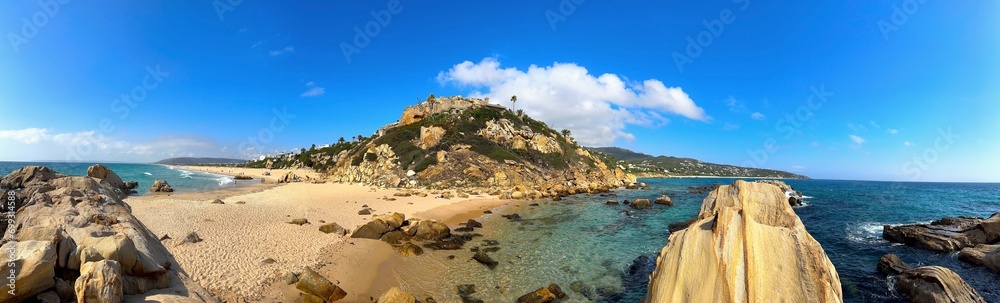 panorama view at the Cabo Plata with cliff, rocks and a wonderful beach at the coast of the Atlantic near Atlanterra, Zahara de los Atunes, Costa de la Luz, Andalusia, Cadiz, Spain