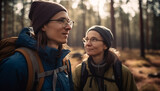 Two young adults hiking in the forest, smiling and exploring together generated by AI