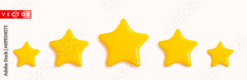 Five glossy golden 3d stars realistic style. Symbol icon design for game, rating, ui, feedback, website. Yellow plastic stars isolated on white background. Vector illustration photo