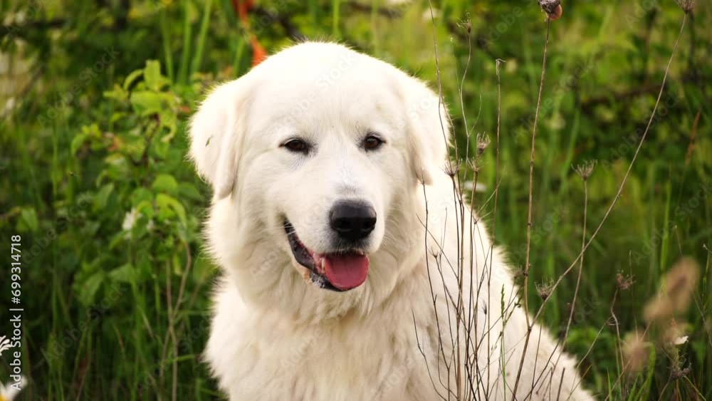 Dog Maremma Sheepdog sits on a green lawn with wild flowers daisies, walks a pet. Dog Maremma Sheepdog sits on a green lawn with wild flowers daisies, walks a pet.