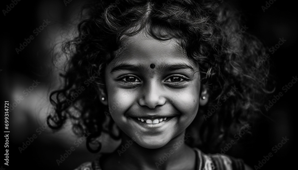 Smiling child outdoors, happiness in black and white portrait generated by AI