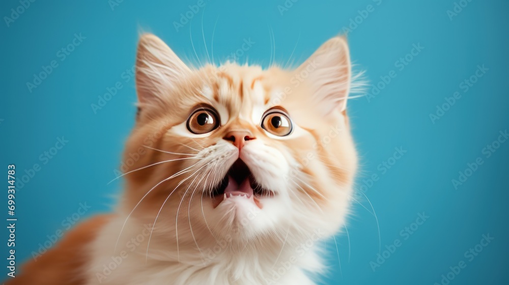 Portrait funny cute white cat surprised isolated on blue background. AI generated image
