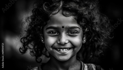 Smiling child outdoors, happiness in black and white portrait generated by AI