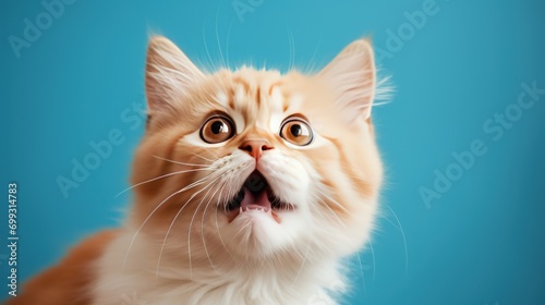 Portrait funny cute white cat surprised isolated on blue background. AI generated image