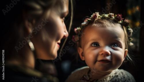 Cute baby girl smiling, embracing mother, enjoying playful summer outdoors generated by AI