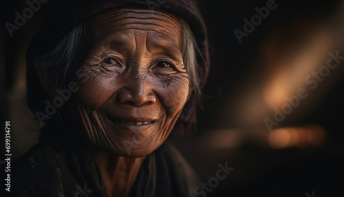 Smiling senior woman, wrinkles show happiness, traditional clothing, indigenous culture generated by AI