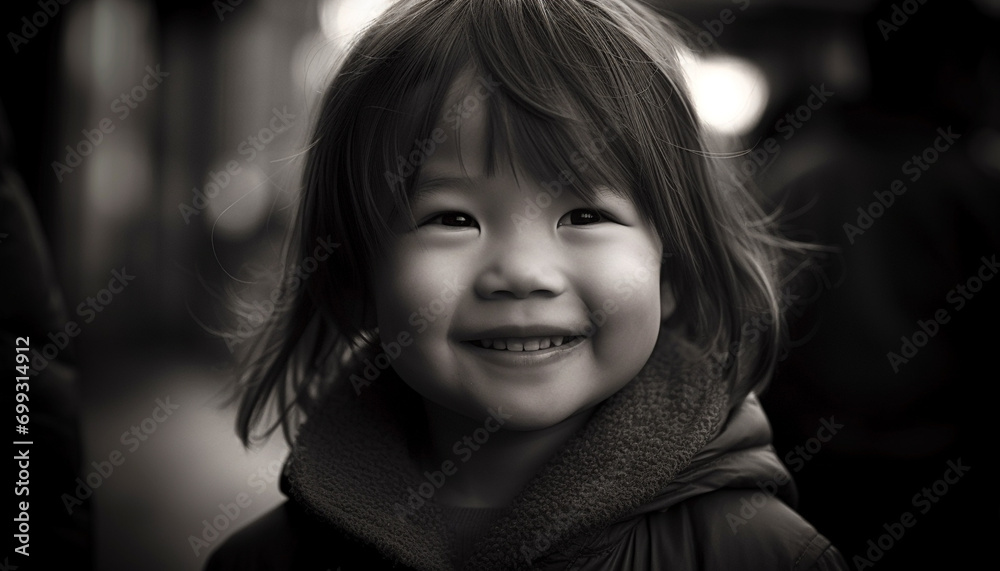 Smiling child, cheerful and cute, outdoors, portrait of happiness generated by AI Smiling child, cheerful and cute, outdoors, portrait of happiness generated by AI