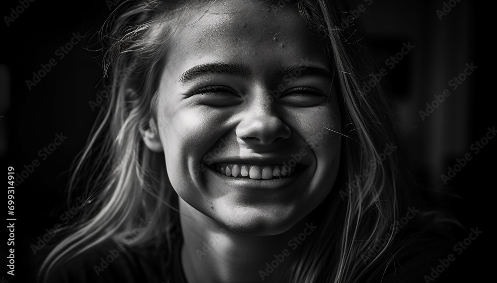 Smiling portrait of one cheerful woman, black and white beauty generated by AI Smiling portrait of one cheerful woman, black and white beauty generated by AI