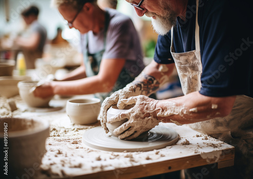 older people do pottery together