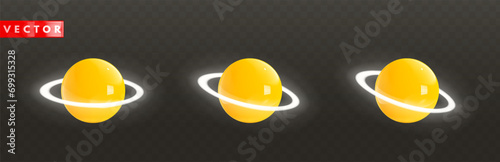 Set of glossy golden 3d Saturn icons with white neon glowing rings around in realistic style rendering. Yellow cartoon plastic planets isolated on transparent dark background. Vector illustration
