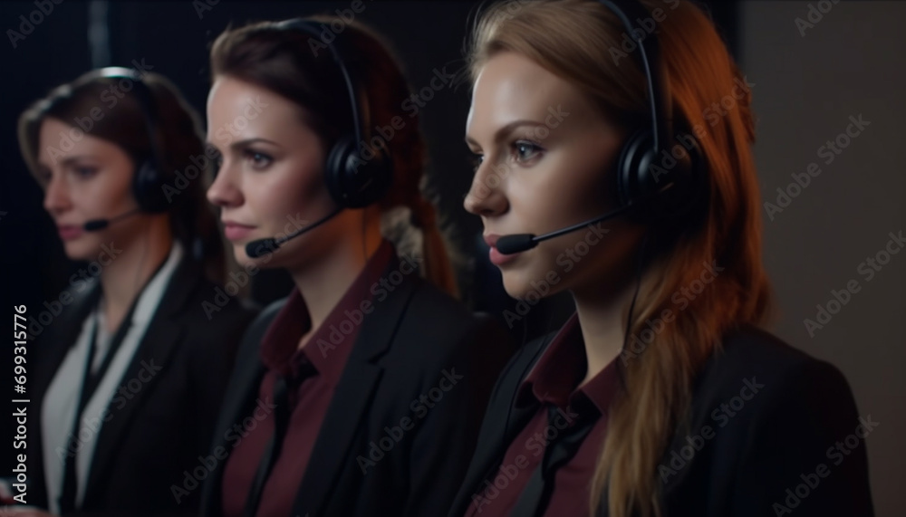 Young adult businesswoman smiling, talking on headset in a call center generated by AI Young adult businesswoman smiling, talking on headset in a call center generated by AI