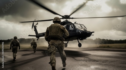 paratroopers soldiers with weapons run to military helicopter photo