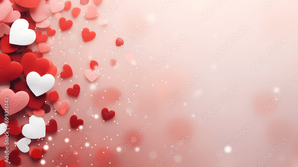 Red and white heart-shaped confetti on soft background