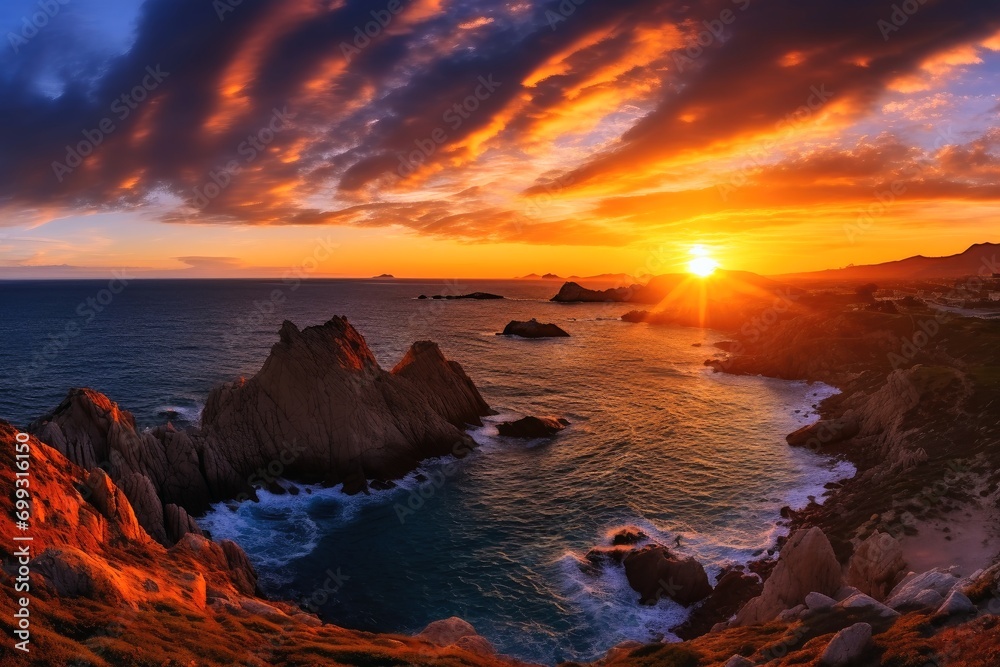 Stunning sunset on a rocky coast by the ocean.