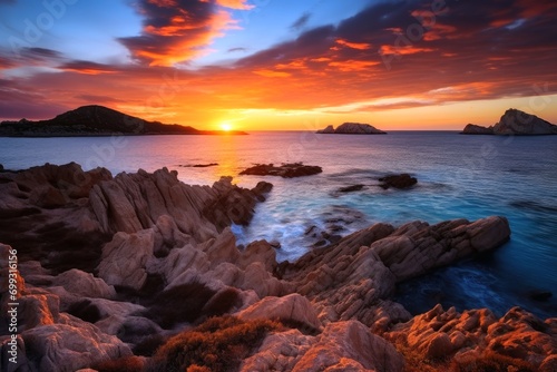 Stunning sunset on a rocky coast by the ocean.
