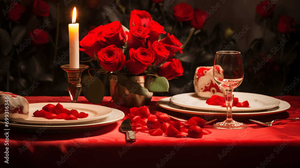 Romantic table setting for two on Valentine's Day