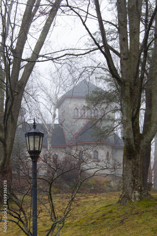 Architecture of a Benedictine abbey on a foggy day in Canada Architecture of a Benedictine abbey on a foggy day in Canada