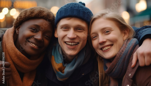 Smiling young adults outdoors, embracing winter warmth, looking at camera generated by AI