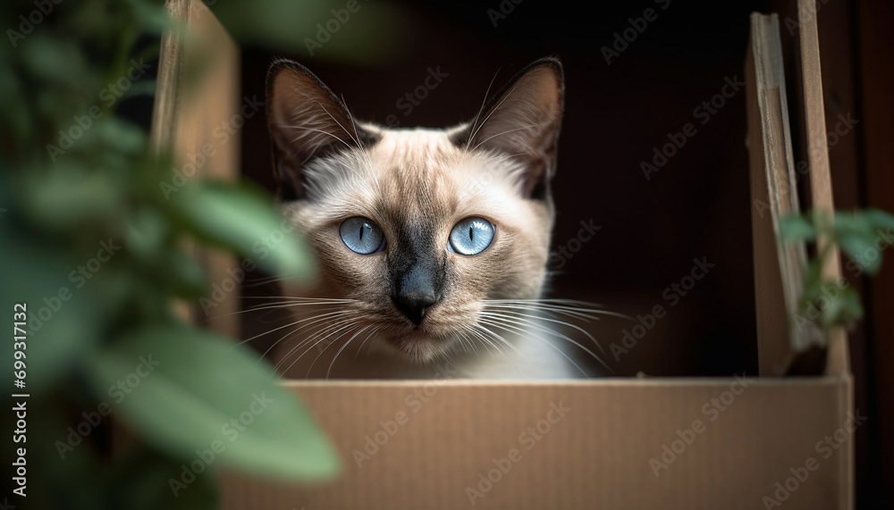 Cute kitten staring, fluffy fur, playful, curious, nature pampered pet generated by AI Cute kitten staring, fluffy fur, playful, curious, nature pampered pet generated by AI