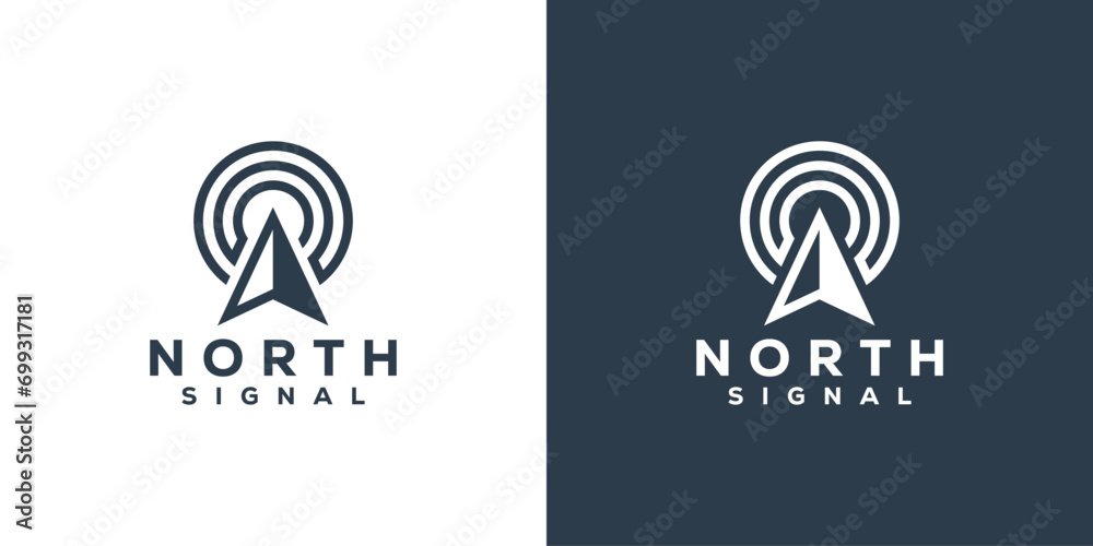 Simple North Signal Logo. Arrow Compass and Wifi 
 with Minimalist Style. North Direction Logo Design Template. - obrazy, fototapety, plakaty 