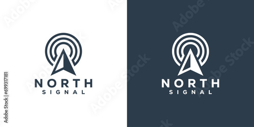 Simple North Signal Logo. Arrow Compass and Wifi with Minimalist Style. North Direction Logo Design Template.
