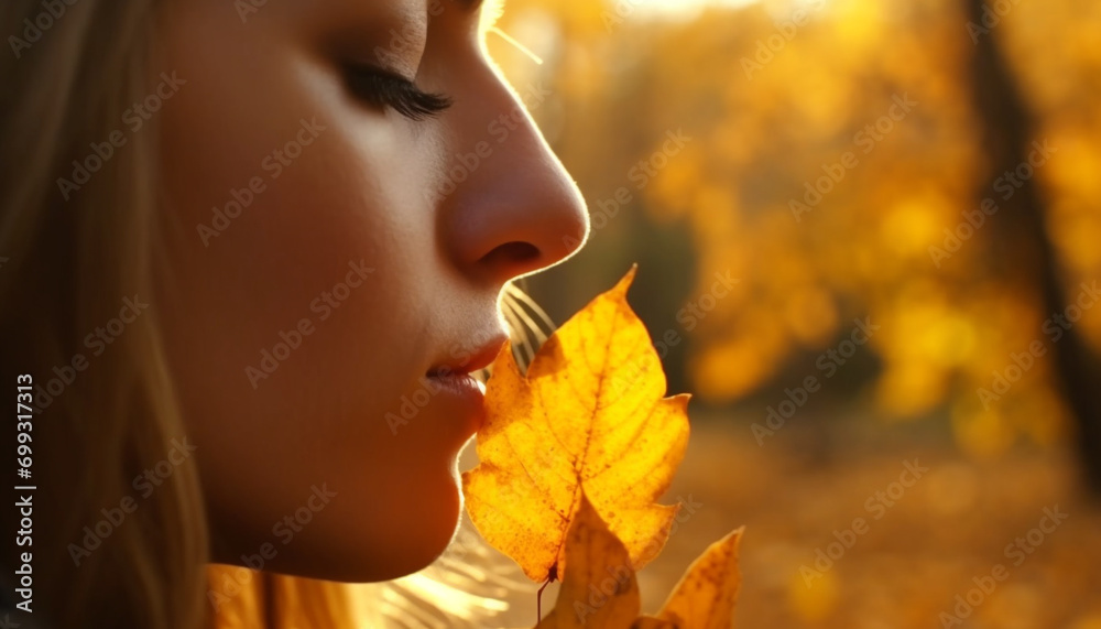 A young woman enjoying the autumn beauty in nature generated by AI A young woman enjoying the autumn beauty in nature generated by AI