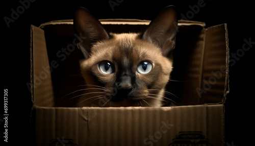 Cute kitten with blue eyes, sitting in a box, staring generated by AI