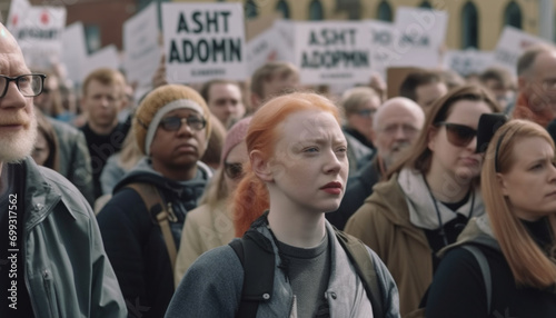 A diverse group of young adults walking together in protest generated by AI