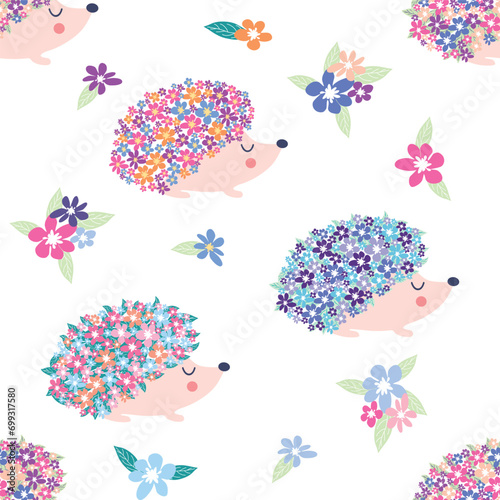 Seamless childish pattern with floral hedgehog with flowers and cute hedgehogs on a white background.