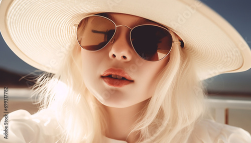 Young woman with blond hair wearing sunglasses exuding elegance and beauty generated by AI