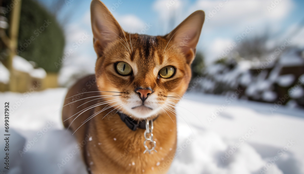 Cute kitten sitting in the snow, staring at the camera generated by AI