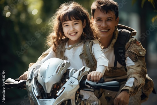 Father teach Little child girl riding bicycle