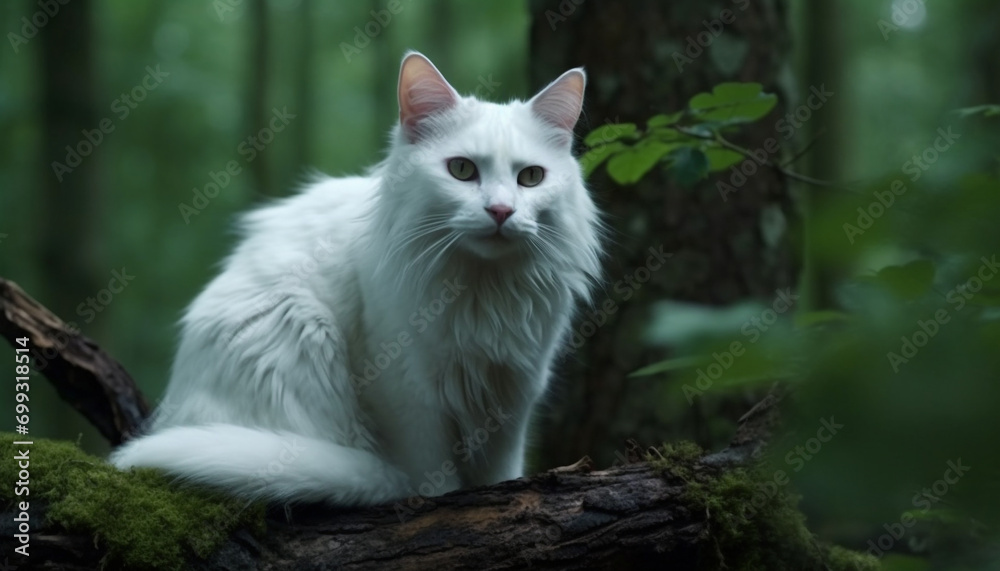 Cute kitten sitting on tree branch, staring with curiosity generated by AI Cute kitten sitting on tree branch, staring with curiosity generated by AI