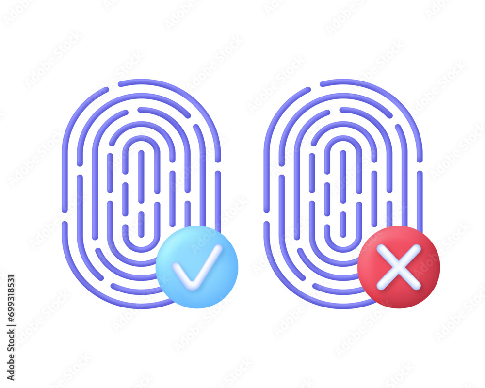 3D Set of Fingerprint icons with check and cross marks. Fingerprint scanning. The concept of biometric authorization 3D Set of Fingerprint icons with check and cross marks. Fingerprint scanning. The concept of biometric authorization