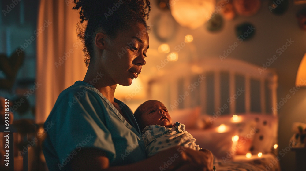 Nurse and newborn under soft glow of nursery lamp, AI Generated - obrazy, fototapety, plakaty 
