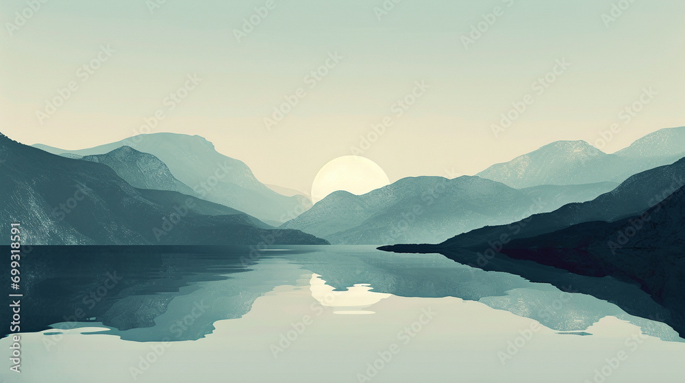 Minimalist design of serene lake scene, AI Generated