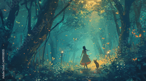 Girl in enchanted forest with magical creatures, AI Generated